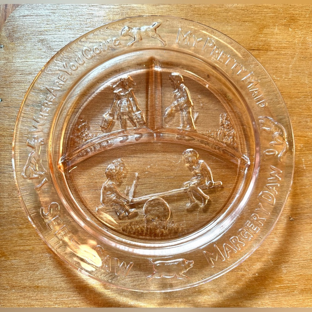 2 PC Tiara Depression Indiana Glass divided child's plate(See-Saw Margery Daw)